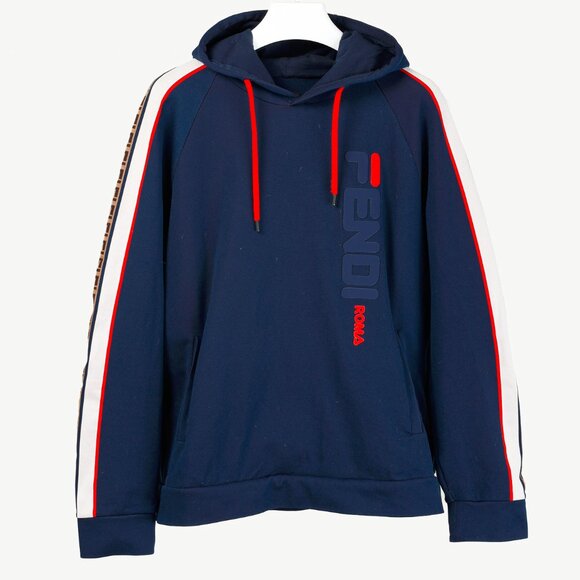 Fendi x Fila Navy Cotton-Blend Logo Stripe Pullover Hoodie - Picture 2 of 16
